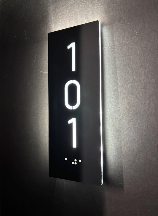Hotel Door Number Sign with LED Light, Custom Acrylic Room Plaque, ADA Braille Door Sign, Personalized Stylish Hotel Room Number Sign