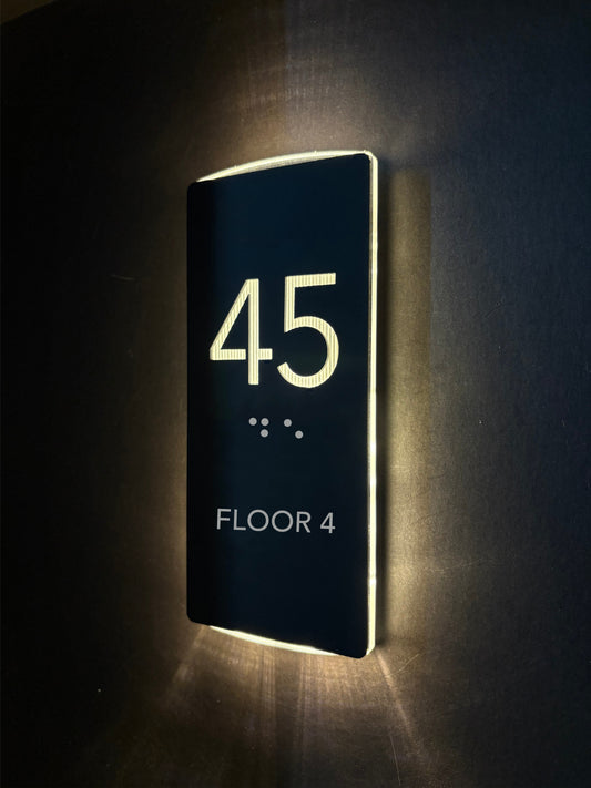 Backlit LED Hotel Room Number Sign, Custom Hotel Door Sign, Acrylic Room Door Sign, Room Plaque with Floor Number and ADA Braille