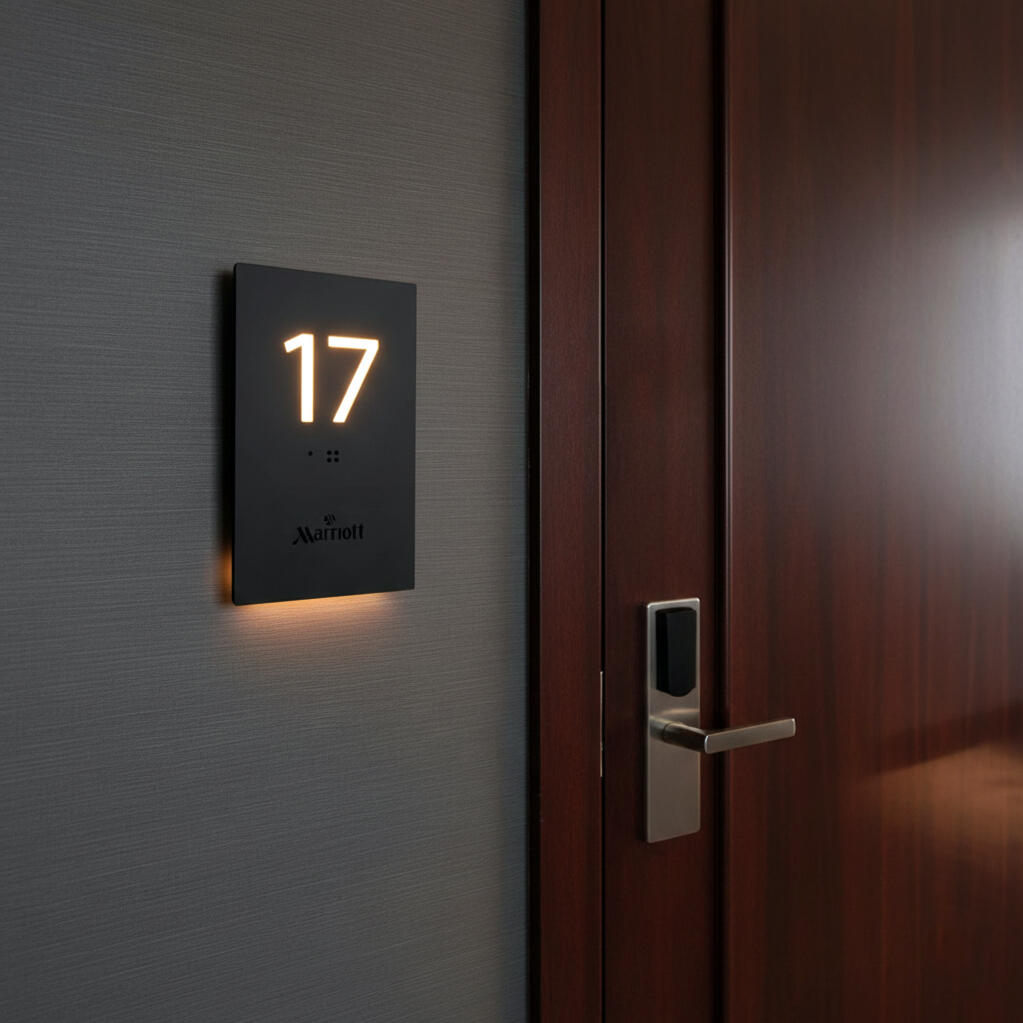 Stylish illuminated hotel sign featuring logo and ADA compliant Braille Illuminated hotel room number sign with logo and ADA compliant Braille