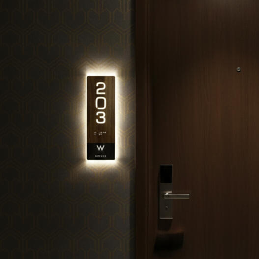 Elegant LED hotel room number sign with ADA compliant Braille Modern LED hotel room sign with ADA compliant Braille and company logo