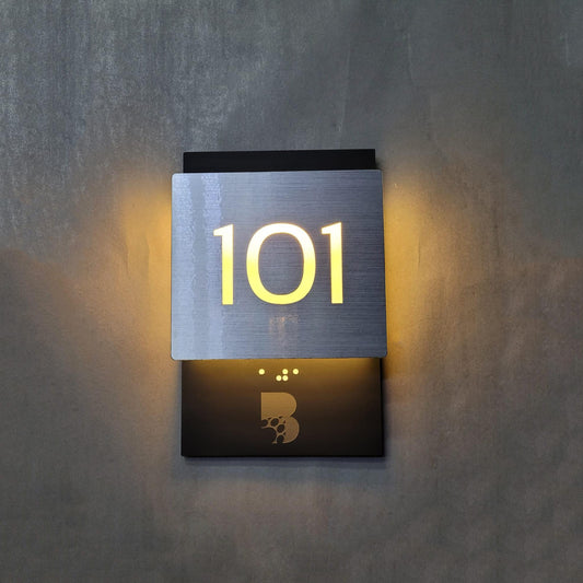 Illuminated Hotel Room Number with ADA Braille and Logo, LED Personalized Door Plaque, Custom Acrylic Hotel Decor, Room Identifier Sign